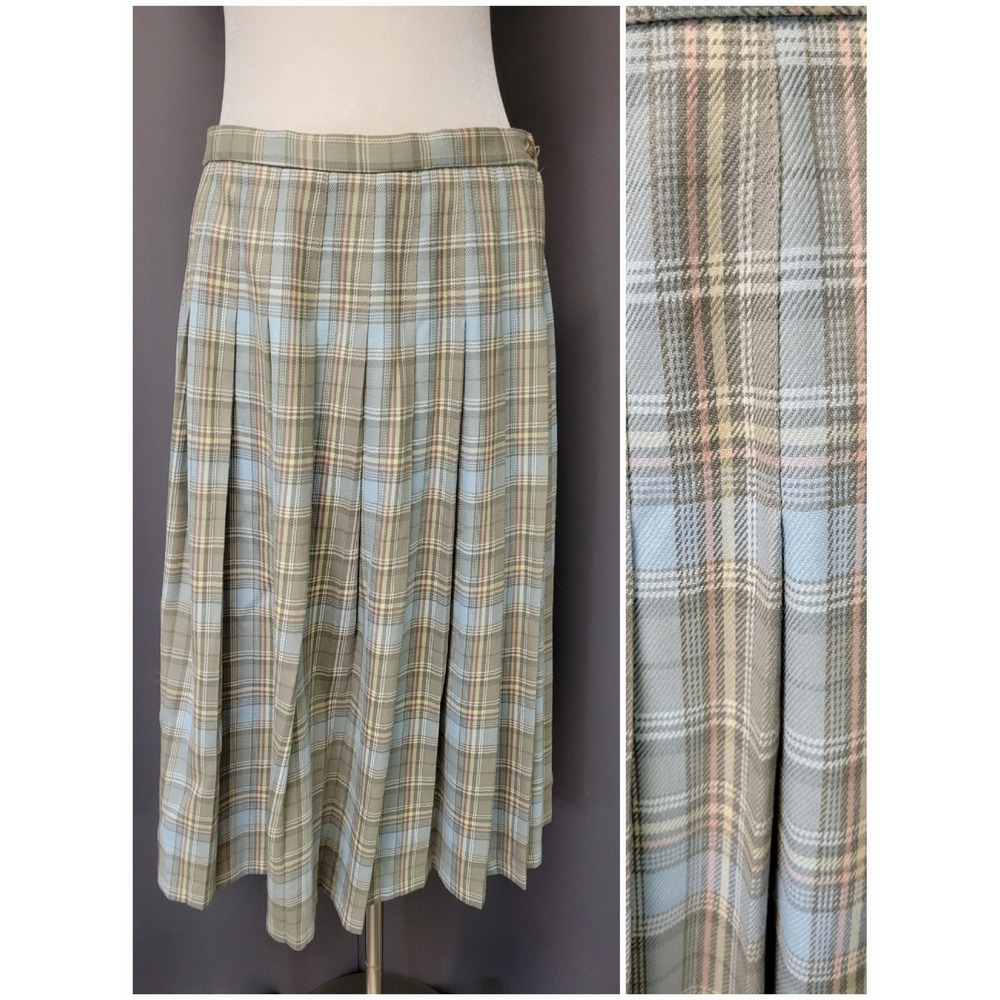 Vintage 90s Pendleton Pleated Midi Skirt Blue Sage Green Plaid Wool Petite 16